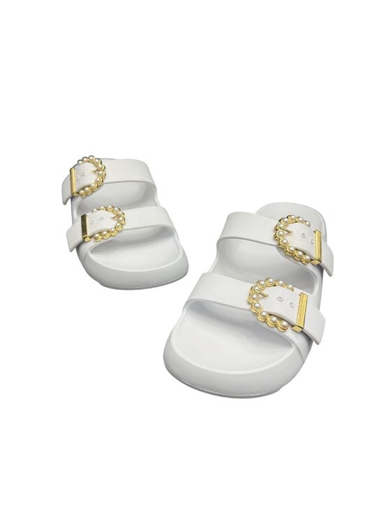 Stuart Weitzman Shoes - Stuart Weitzman Pearl Buckle Slide Sandals Women's In White, Size 7B WORN ONCE